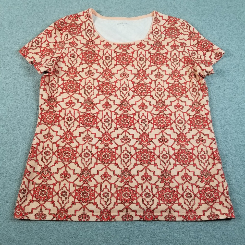 Kim Rogers Top Womens M Medium Red Orange Geometric Short Sleeves Cotton Tee